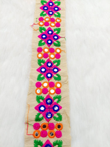 Beige Art Silk Fabric Trim With Pink and Blue Floral Embroidery, Foil Mirror Embroider Trimming, Trim By The Yard